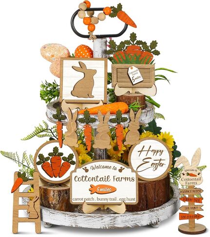 Chunful 14 Pcs Easter Decoration Easter Tiered Tray Decor with 4 Stands Bunny Cross Angel Table Wooden Sign He Is Risen Jesus Tomb Religious Farmhouse Ornament, Without Tiered Tray(Rabbits Carrots) in Saudi Arabia