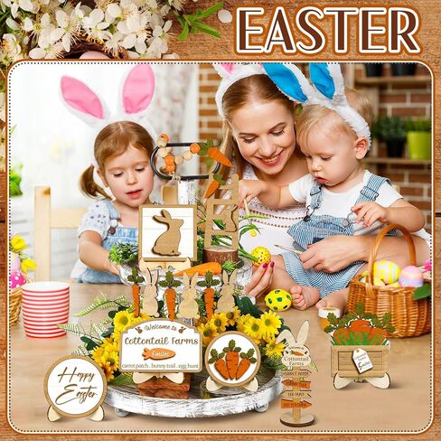 Chunful 14 Pcs Easter Decoration Easter Tiered Tray Decor with 4 Stands Bunny Cross Angel Table Wooden Sign He Is Risen Jesus Tomb Religious Farmhouse Ornament, Without Tiered Tray(Rabbits Carrots) in Saudi Arabia