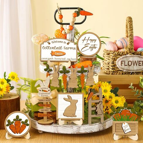 Chunful 14 Pcs Easter Decoration Easter Tiered Tray Decor with 4 Stands Bunny Cross Angel Table Wooden Sign He Is Risen Jesus Tomb Religious Farmhouse Ornament, Without Tiered Tray(Rabbits Carrots) in Saudi Arabia