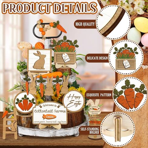 Chunful 14 Pcs Easter Decoration Easter Tiered Tray Decor with 4 Stands Bunny Cross Angel Table Wooden Sign He Is Risen Jesus Tomb Religious Farmhouse Ornament, Without Tiered Tray(Rabbits Carrots) in Saudi Arabia