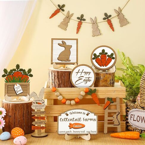 Chunful 14 Pcs Easter Decoration Easter Tiered Tray Decor with 4 Stands Bunny Cross Angel Table Wooden Sign He Is Risen Jesus Tomb Religious Farmhouse Ornament, Without Tiered Tray(Rabbits Carrots) in Saudi Arabia