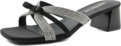 صنادل نسائية بكعب، صنادل أنيقة بكعب منخفض من حجر الراين، صنادل مريحة مفتوحة عند أصابع القدم مربعة لحفلات الزفاف الصيفية وحفلات التخرج (أسود/فضي، مقاس 5.5-9) in Kuwait