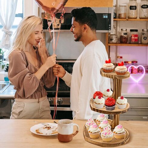 3 Tier Valentine's Day Heart Shaped Cake Stand Wooden Cupcake Stand Rustic Dessert Table Display for Birthday Wedding Baby Shower Party in Kuwait