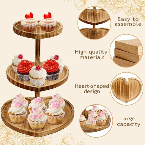 3 Tier Valentine's Day Heart Shaped Cake Stand Wooden Cupcake Stand Rustic Dessert Table Display for Birthday Wedding Baby Shower Party in Kuwait