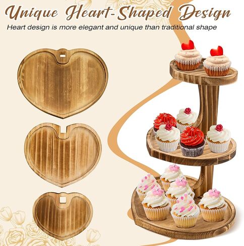 3 Tier Valentine's Day Heart Shaped Cake Stand Wooden Cupcake Stand Rustic Dessert Table Display for Birthday Wedding Baby Shower Party in Kuwait
