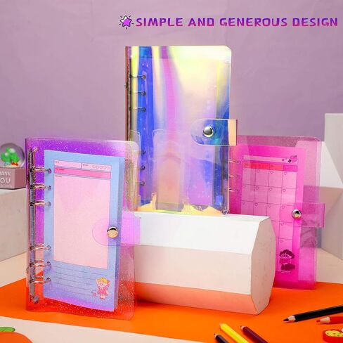 Outus 3 قطع شفافة A6 مجلدات ملونة A6 PVC ناعمة 6 حلقات غطاء غلاف شفاف من PVC غطاء مجلد دفتر الملاحظات الميزانية بريق الليزر القابل لإعادة الملء مكتب (قوس قزح، أرجواني، وردي) in Kuwait