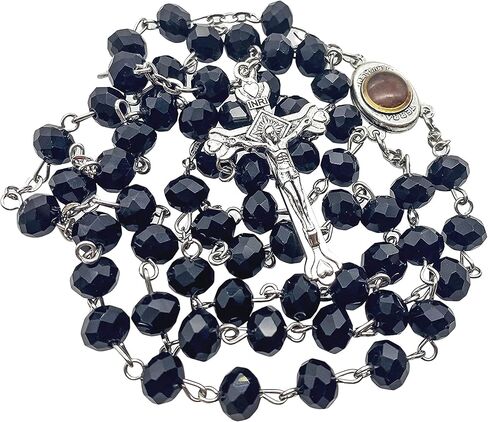Nazareth Store Crystallized Black Rosary Crystal Beads Necklace Holy Soil Medal & Cross - Velvet Bag in Saudi Arabia