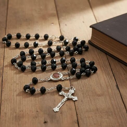 Nazareth Store Crystallized Black Rosary Crystal Beads Necklace Holy Soil Medal & Cross - Velvet Bag in Saudi Arabia