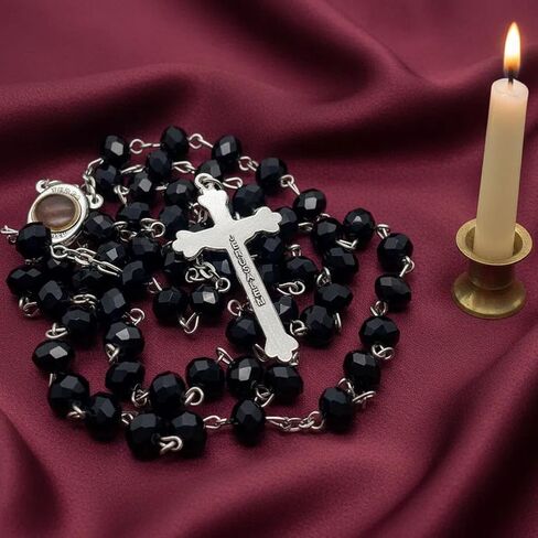 Nazareth Store Crystallized Black Rosary Crystal Beads Necklace Holy Soil Medal & Cross - Velvet Bag in Saudi Arabia