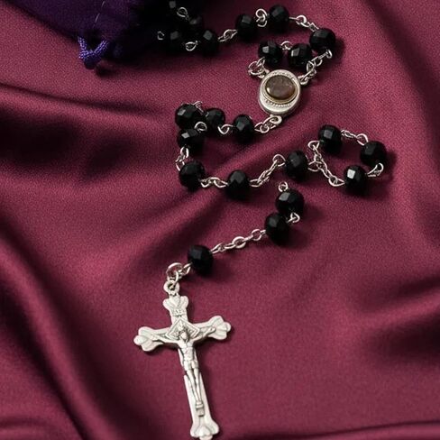 Nazareth Store Crystallized Black Rosary Crystal Beads Necklace Holy Soil Medal & Cross - Velvet Bag in Saudi Arabia