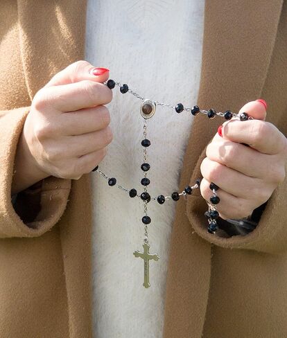 Nazareth Store Crystallized Black Rosary Crystal Beads Necklace Holy Soil Medal & Cross - Velvet Bag in Saudi Arabia