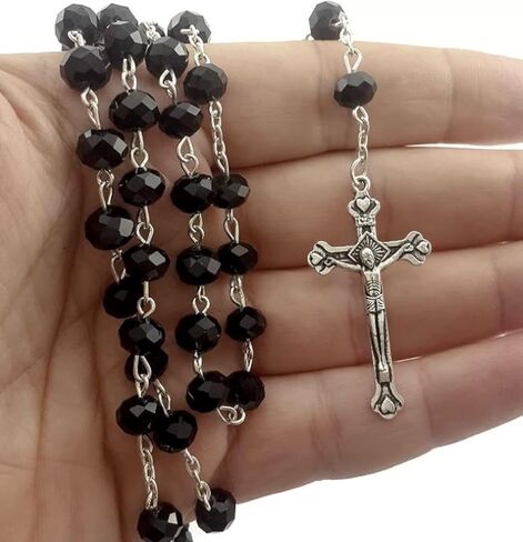 Nazareth Store Crystallized Black Rosary Crystal Beads Necklace Holy Soil Medal & Cross - Velvet Bag in Saudi Arabia
