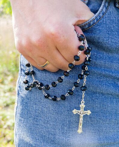 Nazareth Store Crystallized Black Rosary Crystal Beads Necklace Holy Soil Medal & Cross - Velvet Bag in Saudi Arabia