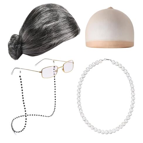 YKYOBFA 5pcs Old Lady Costume Set Grandma Wig Granny Wig Cap Madea Granny Glasses Eyeglass Chains Cords Faux Pearl Bead Necklace Women Cosplay Set in Kuwait