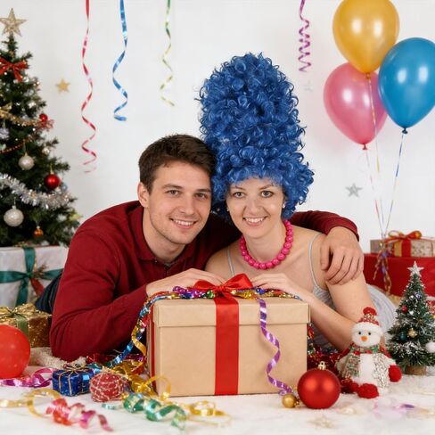 المرأة طويلة الأزرق شعر مستعار مجعد وقلادة هالوين عيد الميلاد تأثيري حلي الباروكات زي حفلة تنكرية الملحقات in Kuwait