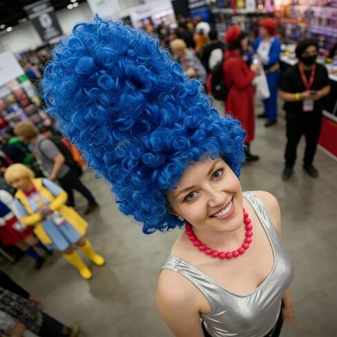 المرأة طويلة الأزرق شعر مستعار مجعد وقلادة هالوين عيد الميلاد تأثيري حلي الباروكات زي حفلة تنكرية الملحقات in Kuwait