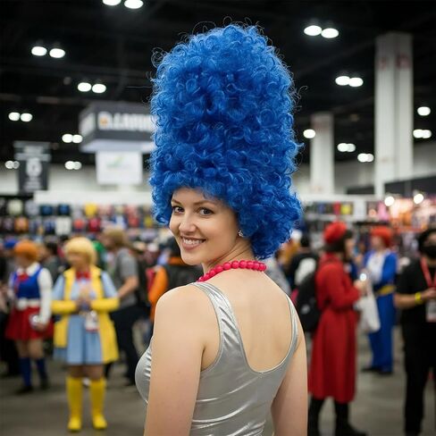 المرأة طويلة الأزرق شعر مستعار مجعد وقلادة هالوين عيد الميلاد تأثيري حلي الباروكات زي حفلة تنكرية الملحقات in Kuwait