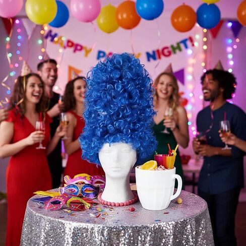 المرأة طويلة الأزرق شعر مستعار مجعد وقلادة هالوين عيد الميلاد تأثيري حلي الباروكات زي حفلة تنكرية الملحقات in Kuwait