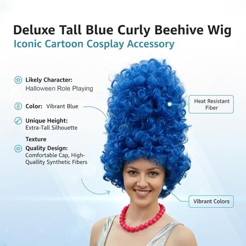 المرأة طويلة الأزرق شعر مستعار مجعد وقلادة هالوين عيد الميلاد تأثيري حلي الباروكات زي حفلة تنكرية الملحقات in Kuwait