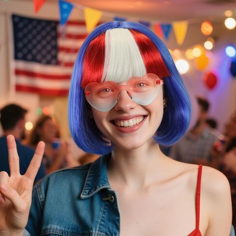 قبعة شعر مستعار + شعر مستعار بوب أحمر وأبيض وأزرق مع نظارات شمسية للنساء شعر مستعار قصير مستقيم ملون للحفلات النيون لزي الهالوين علم المرأة شعر وطني ملون للبالغين in Kuwait