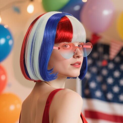 قبعة شعر مستعار + شعر مستعار بوب أحمر وأبيض وأزرق مع نظارات شمسية للنساء شعر مستعار قصير مستقيم ملون للحفلات النيون لزي الهالوين علم المرأة شعر وطني ملون للبالغين in Kuwait