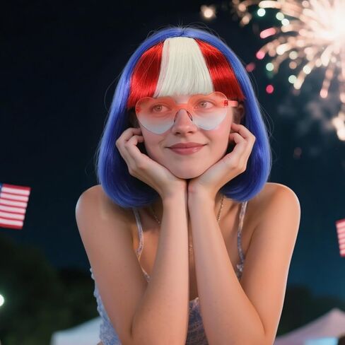 قبعة شعر مستعار + شعر مستعار بوب أحمر وأبيض وأزرق مع نظارات شمسية للنساء شعر مستعار قصير مستقيم ملون للحفلات النيون لزي الهالوين علم المرأة شعر وطني ملون للبالغين in Kuwait