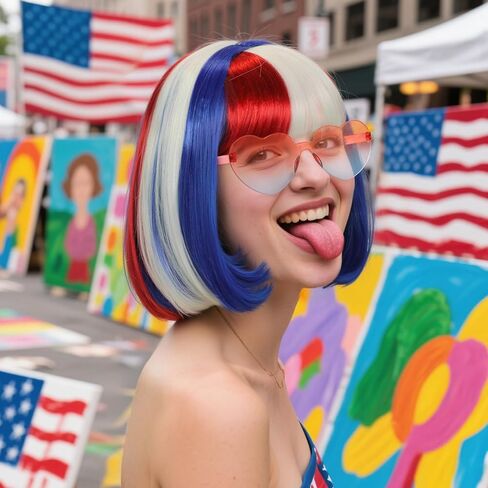 قبعة شعر مستعار + شعر مستعار بوب أحمر وأبيض وأزرق مع نظارات شمسية للنساء شعر مستعار قصير مستقيم ملون للحفلات النيون لزي الهالوين علم المرأة شعر وطني ملون للبالغين in Kuwait