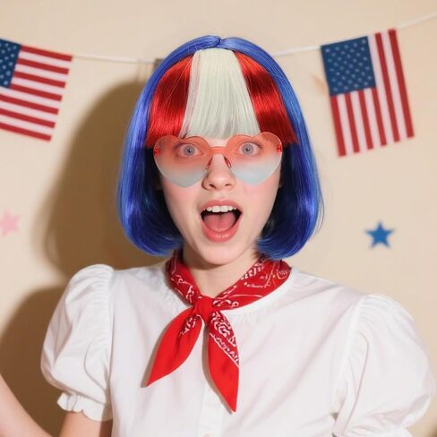 قبعة شعر مستعار + شعر مستعار بوب أحمر وأبيض وأزرق مع نظارات شمسية للنساء شعر مستعار قصير مستقيم ملون للحفلات النيون لزي الهالوين علم المرأة شعر وطني ملون للبالغين in Kuwait
