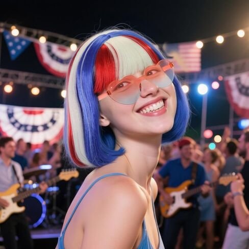 قبعة شعر مستعار + شعر مستعار بوب أحمر وأبيض وأزرق مع نظارات شمسية للنساء شعر مستعار قصير مستقيم ملون للحفلات النيون لزي الهالوين علم المرأة شعر وطني ملون للبالغين in Kuwait