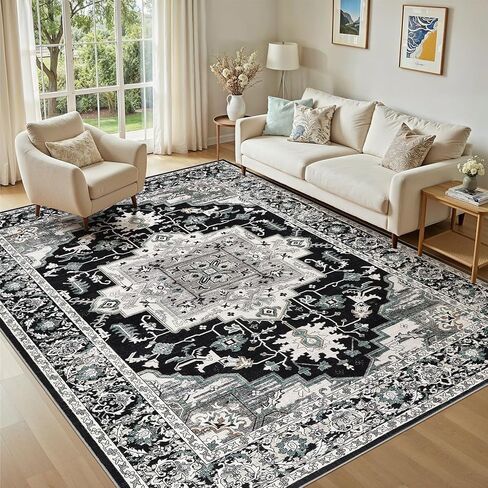 Vintage Washable Area Rugs for Living Room 8x10: Large Soft Low Pile Rug for Bedroom Dining Room Rugs for Under Table - Indoor Foldable Accent Print Distressed Carpet - Blue Grey in Saudi Arabia