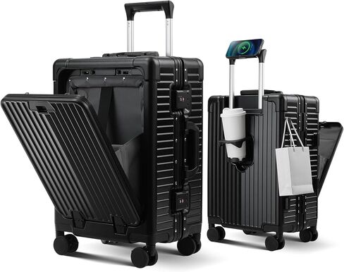 Carry on Luggage Aluminium Frame with Cup Holder,Top opening Suitcases and USB Charging Port,Lightweight with Front Pocket Rolling Suitcases with Spinner Wheels (Dark Green, 20Inch) in Saudi Arabia