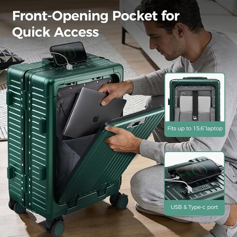 Carry on Luggage Aluminium Frame with Cup Holder,Top opening Suitcases and USB Charging Port,Lightweight with Front Pocket Rolling Suitcases with Spinner Wheels (Dark Green, 20Inch) in Saudi Arabia