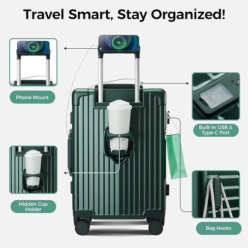 Carry on Luggage Aluminium Frame with Cup Holder,Top opening Suitcases and USB Charging Port,Lightweight with Front Pocket Rolling Suitcases with Spinner Wheels (Dark Green, 20Inch) in Saudi Arabia