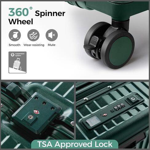 Carry on Luggage Aluminium Frame with Cup Holder,Top opening Suitcases and USB Charging Port,Lightweight with Front Pocket Rolling Suitcases with Spinner Wheels (Dark Green, 20Inch) in Saudi Arabia