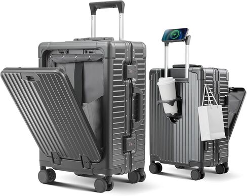 Carry on Luggage Aluminium Frame with Cup Holder,Top opening Suitcases and USB Charging Port,Lightweight with Front Pocket Rolling Suitcases with Spinner Wheels (Dark Green, 20Inch) in Saudi Arabia