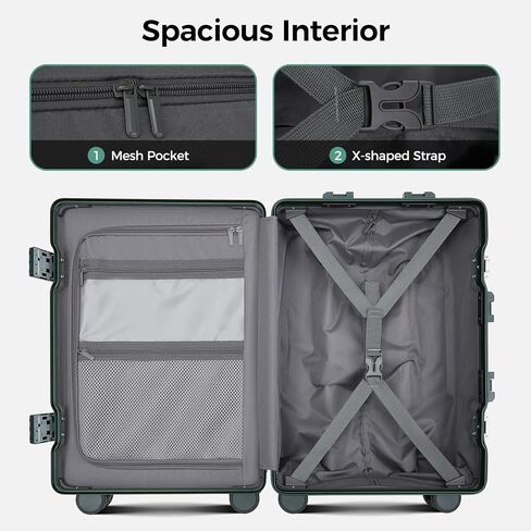 Carry on Luggage Aluminium Frame with Cup Holder,Top opening Suitcases and USB Charging Port,Lightweight with Front Pocket Rolling Suitcases with Spinner Wheels (Dark Green, 20Inch) in Saudi Arabia