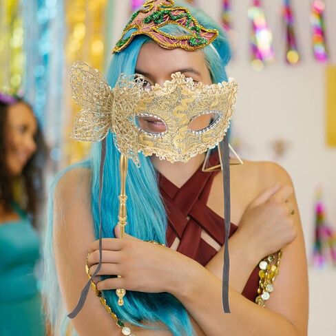 Masquerade Mask with Stick for Women - Fancy Handheld Costume Mask Venetian for Halloween Cosplay Dancing Party Prom and Mardi Gras Favors Supplies - Golden in Saudi Arabia