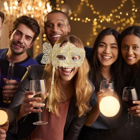 Masquerade Mask with Stick for Women - Fancy Handheld Costume Mask Venetian for Halloween Cosplay Dancing Party Prom and Mardi Gras Favors Supplies - Golden in Saudi Arabia