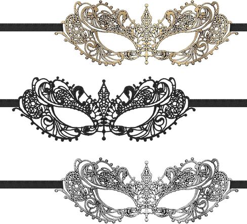 3 PCS Silver Masquerade Mask for Women, Fun Lace Masquerade Mask for Couples with Elastic Band Masks for Party Prom Venetian Mardi Gras Role Plays Ball - Black, Gold, Silver, 21× 8 cm in Saudi Arabia
