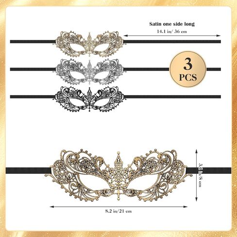 3 PCS Silver Masquerade Mask for Women, Fun Lace Masquerade Mask for Couples with Elastic Band Masks for Party Prom Venetian Mardi Gras Role Plays Ball - Black, Gold, Silver, 21× 8 cm in Saudi Arabia
