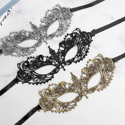 3 PCS Silver Masquerade Mask for Women, Fun Lace Masquerade Mask for Couples with Elastic Band Masks for Party Prom Venetian Mardi Gras Role Plays Ball - Black, Gold, Silver, 21× 8 cm in Saudi Arabia