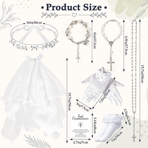 First Communion Veils Set for Girls - Catholic 1st Communion Veil Accessories with Wreath Headpiece, Veil, Pearl Rosary, Gloves, Lace Socks, Necklace, Bracelet for Kid's Wedding Party Cosplay Costume in Kuwait