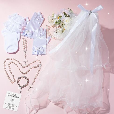 First Communion Veils Set for Girls - Catholic 1st Communion Veil Accessories with Wreath Headpiece, Veil, Pearl Rosary, Gloves, Lace Socks, Necklace, Bracelet for Kid's Wedding Party Cosplay Costume in Kuwait