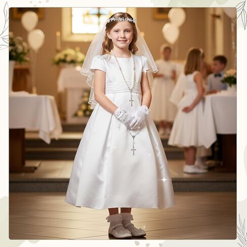 First Communion Veils Set for Girls - Catholic 1st Communion Veil Accessories with Wreath Headpiece, Veil, Pearl Rosary, Gloves, Lace Socks, Necklace, Bracelet for Kid's Wedding Party Cosplay Costume in Kuwait