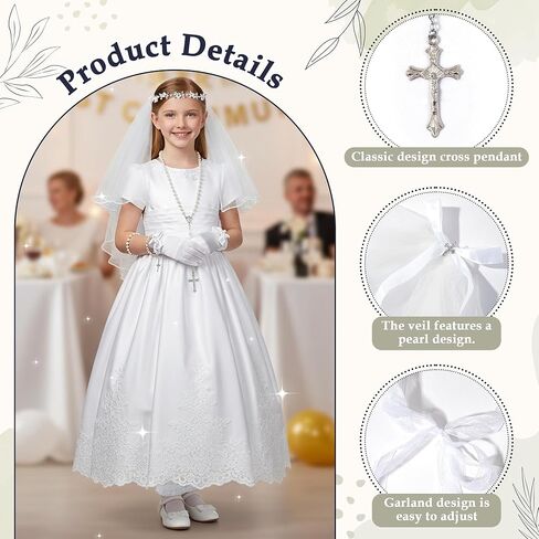 First Communion Veils Set for Girls - Catholic 1st Communion Veil Accessories with Wreath Headpiece, Veil, Pearl Rosary, Gloves, Lace Socks, Necklace, Bracelet for Kid's Wedding Party Cosplay Costume in Kuwait