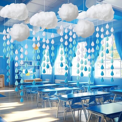 Amyhill 30 Pcs Artificial Cloud Raindrop Props 6 Pcs 3D Fake Clouds 24 Raindrop Garlands Room DIY Decorative Hanging Ornament Blue Hanging Rain Drops Decor for Baby Shower Birthday Wedding Party in Saudi Arabia