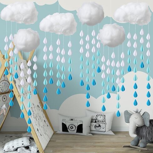 Amyhill 30 Pcs Artificial Cloud Raindrop Props 6 Pcs 3D Fake Clouds 24 Raindrop Garlands Room DIY Decorative Hanging Ornament Blue Hanging Rain Drops Decor for Baby Shower Birthday Wedding Party in Saudi Arabia