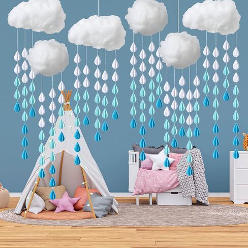 Amyhill 30 Pcs Artificial Cloud Raindrop Props 6 Pcs 3D Fake Clouds 24 Raindrop Garlands Room DIY Decorative Hanging Ornament Blue Hanging Rain Drops Decor for Baby Shower Birthday Wedding Party in Saudi Arabia