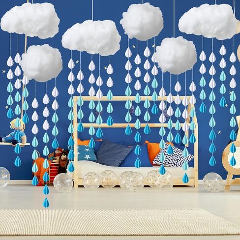 Amyhill 30 Pcs Artificial Cloud Raindrop Props 6 Pcs 3D Fake Clouds 24 Raindrop Garlands Room DIY Decorative Hanging Ornament Blue Hanging Rain Drops Decor for Baby Shower Birthday Wedding Party in Saudi Arabia