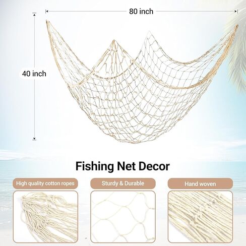 14 حزمة 80 × 40 بوصة من القطن الطبيعي لتزيين شبكة صيد السمك للتعليق على الحائط لشبكة صيد السمك تحت الماء، حورية البحر، القرصان، هاواي، المحيط البحري، ديكورات حفلات الشاطئ، بيج in Kuwait